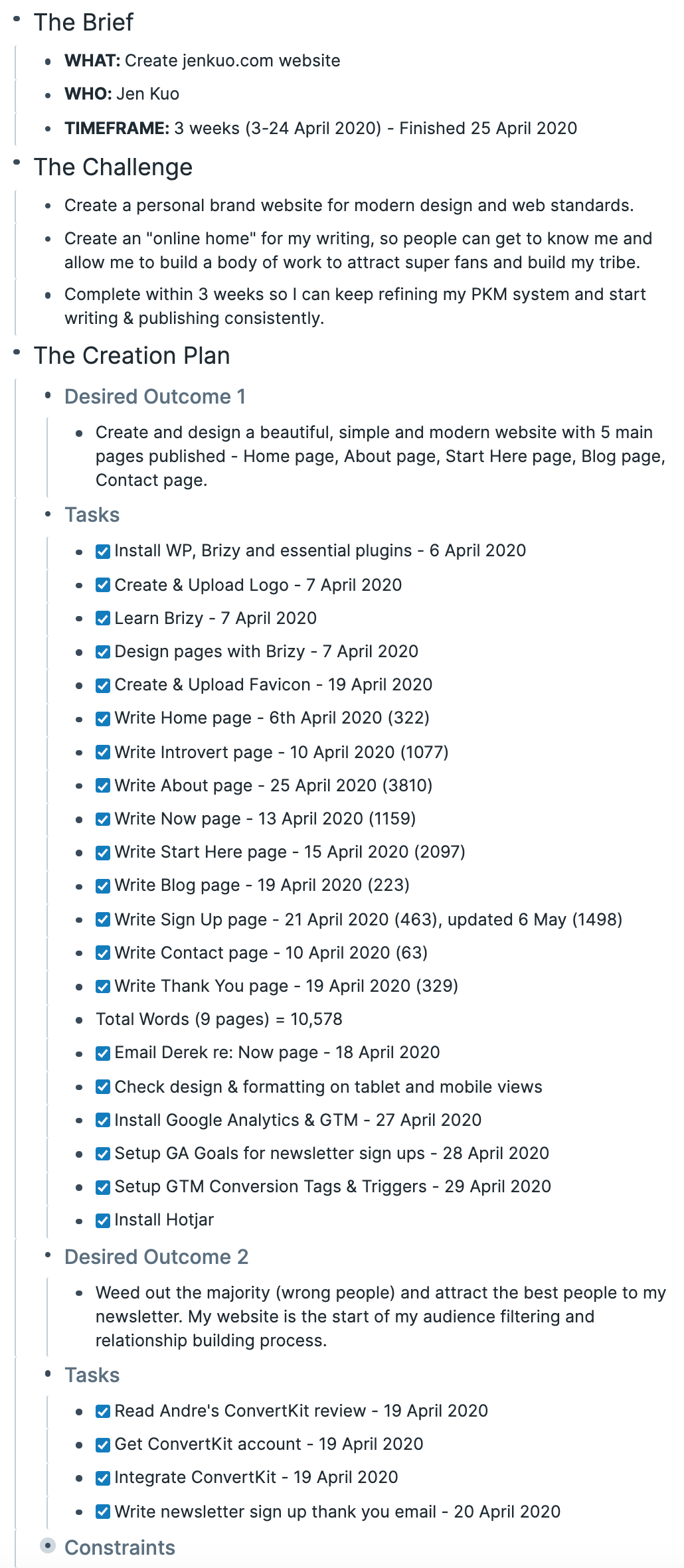 My Website Project Plan in Roam Website Project Task List